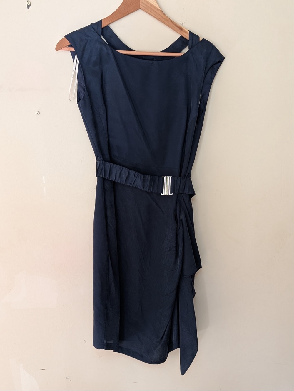 Karen Millen Navy Belted Cap-Sleeve Midi Dress